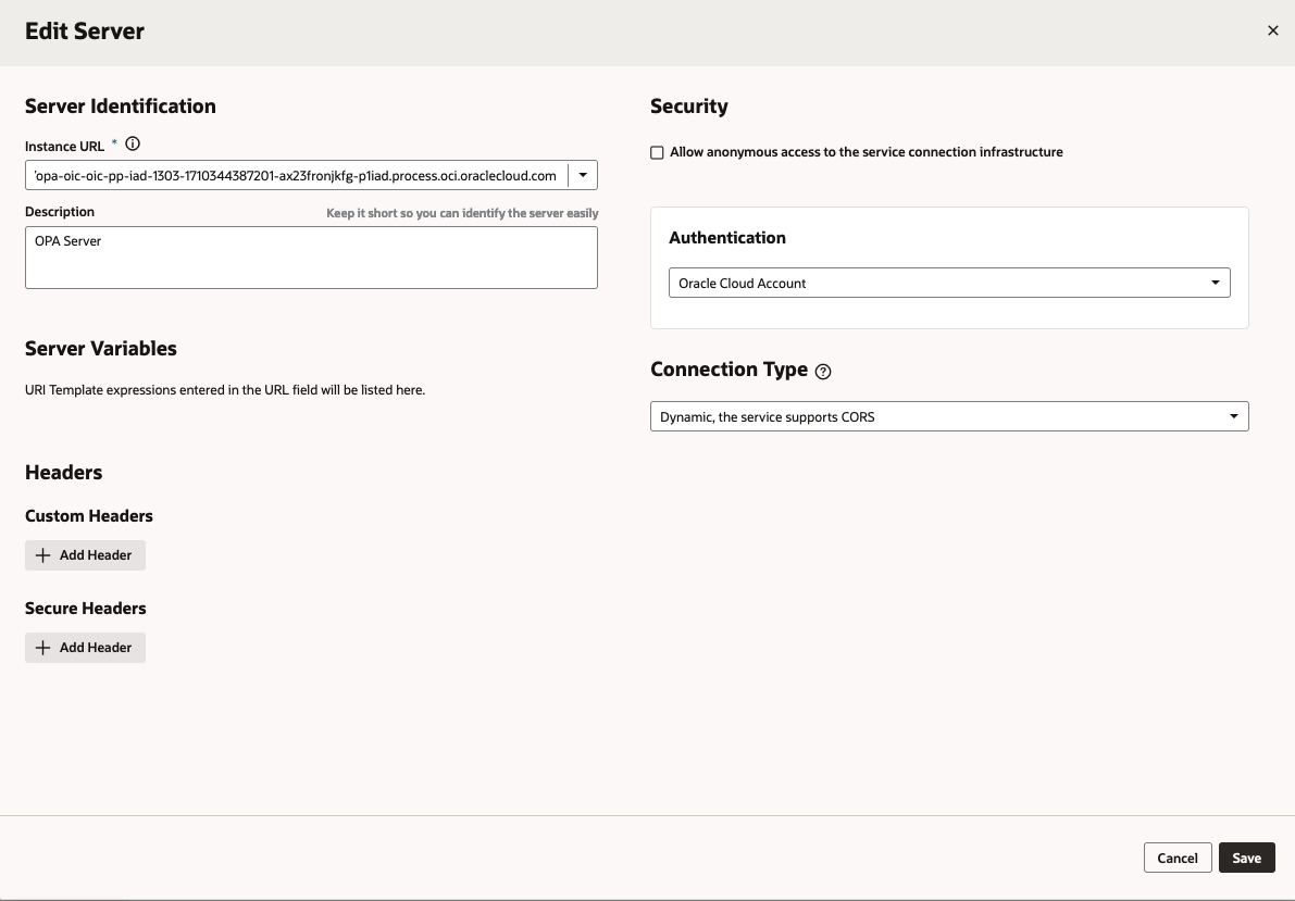 The Server config details of an OPA Backend in Visual Builder