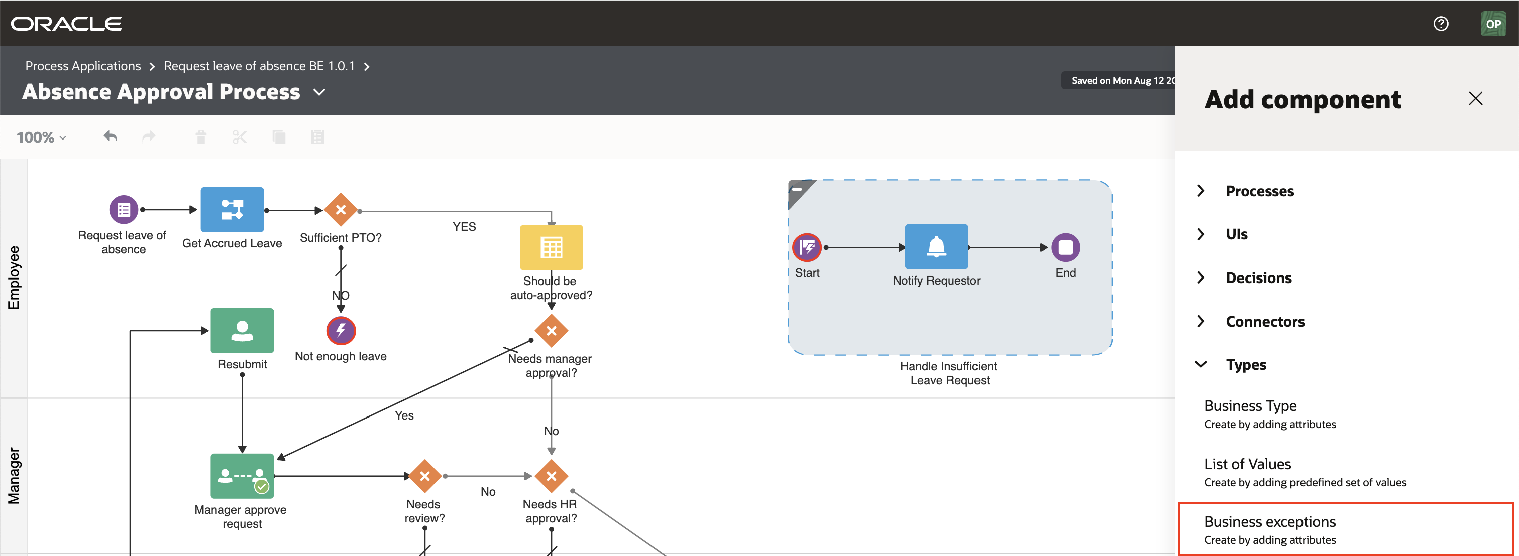 Adding Business Exceptions to a process flow