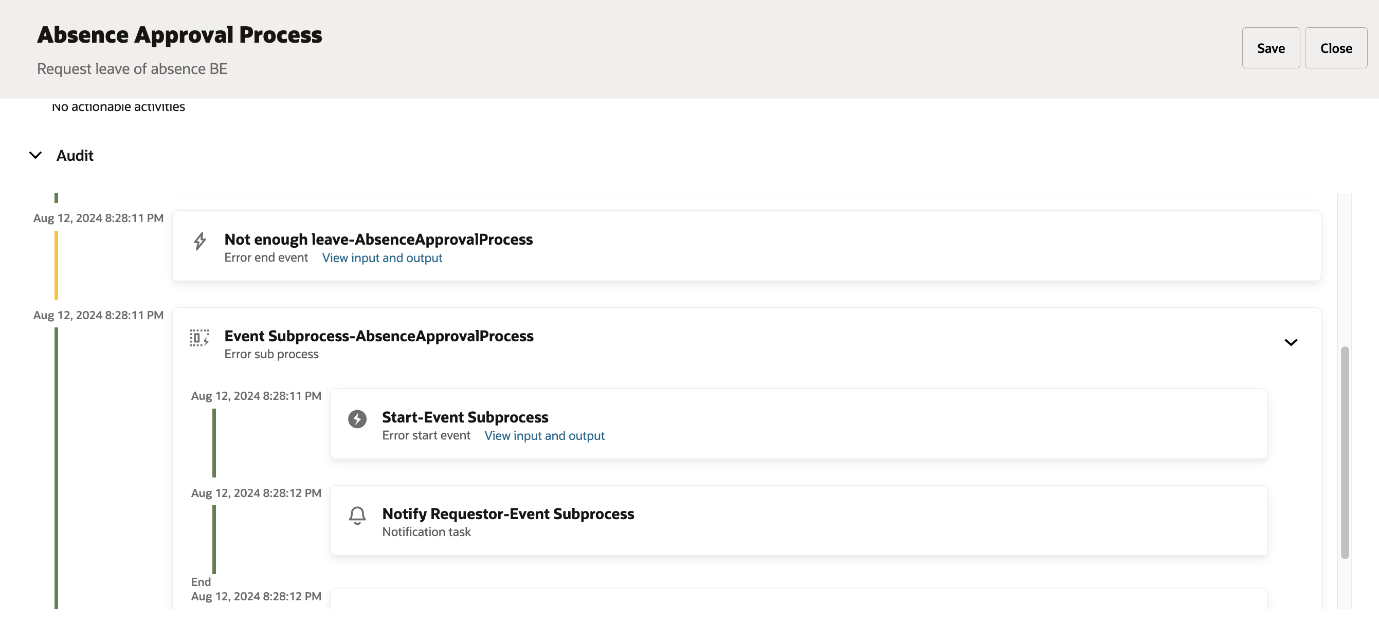 Instance Audit depicting a handled business exception