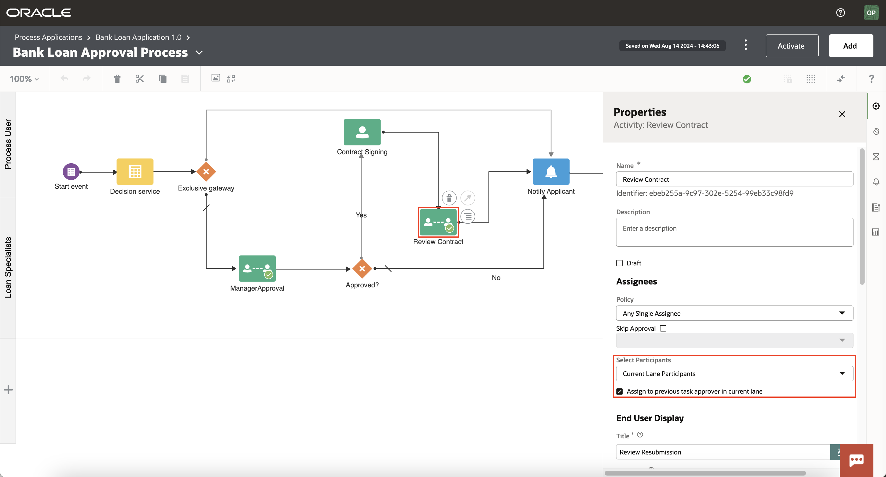Assigning a task to a previous approver in a swim lane