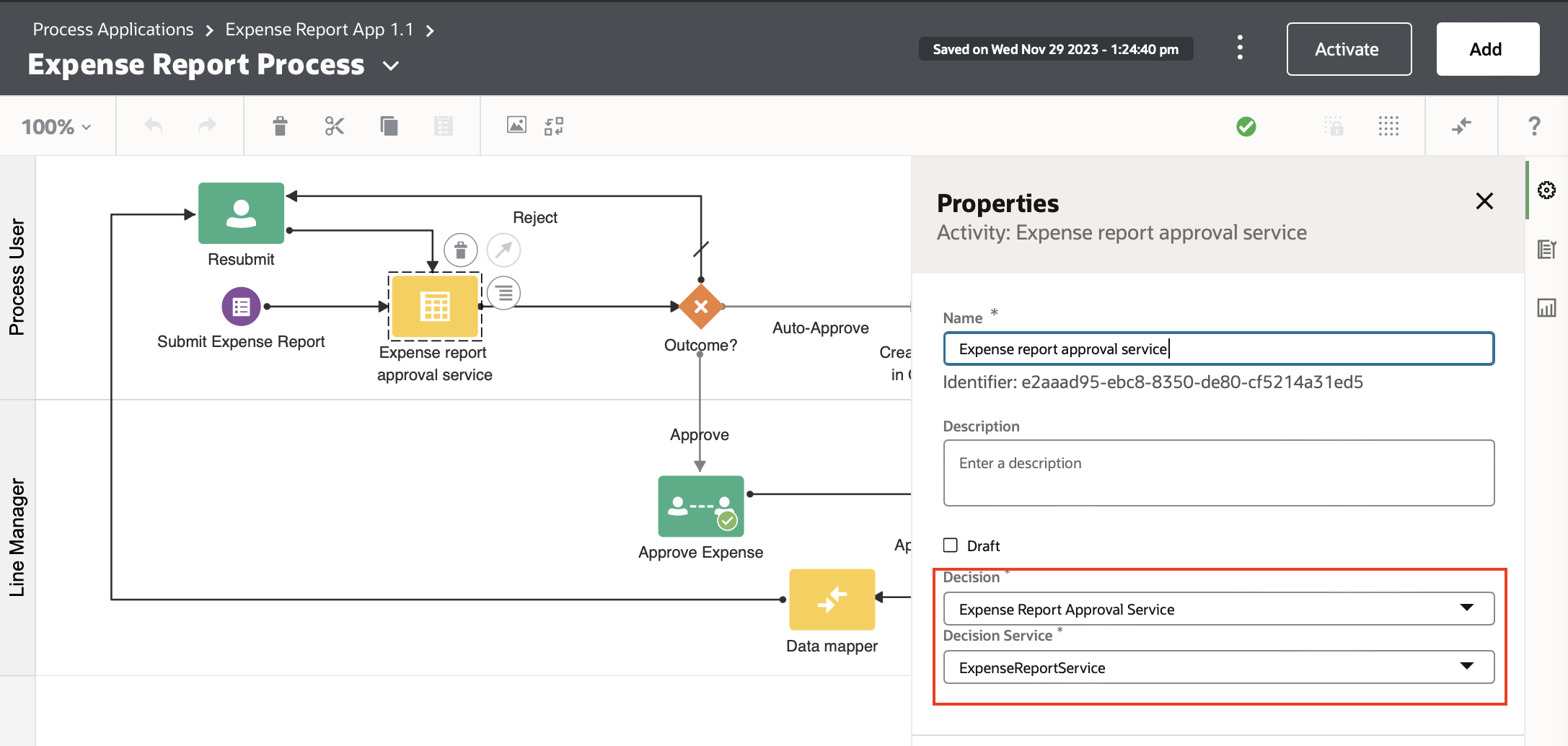 Selecting a decision service after import