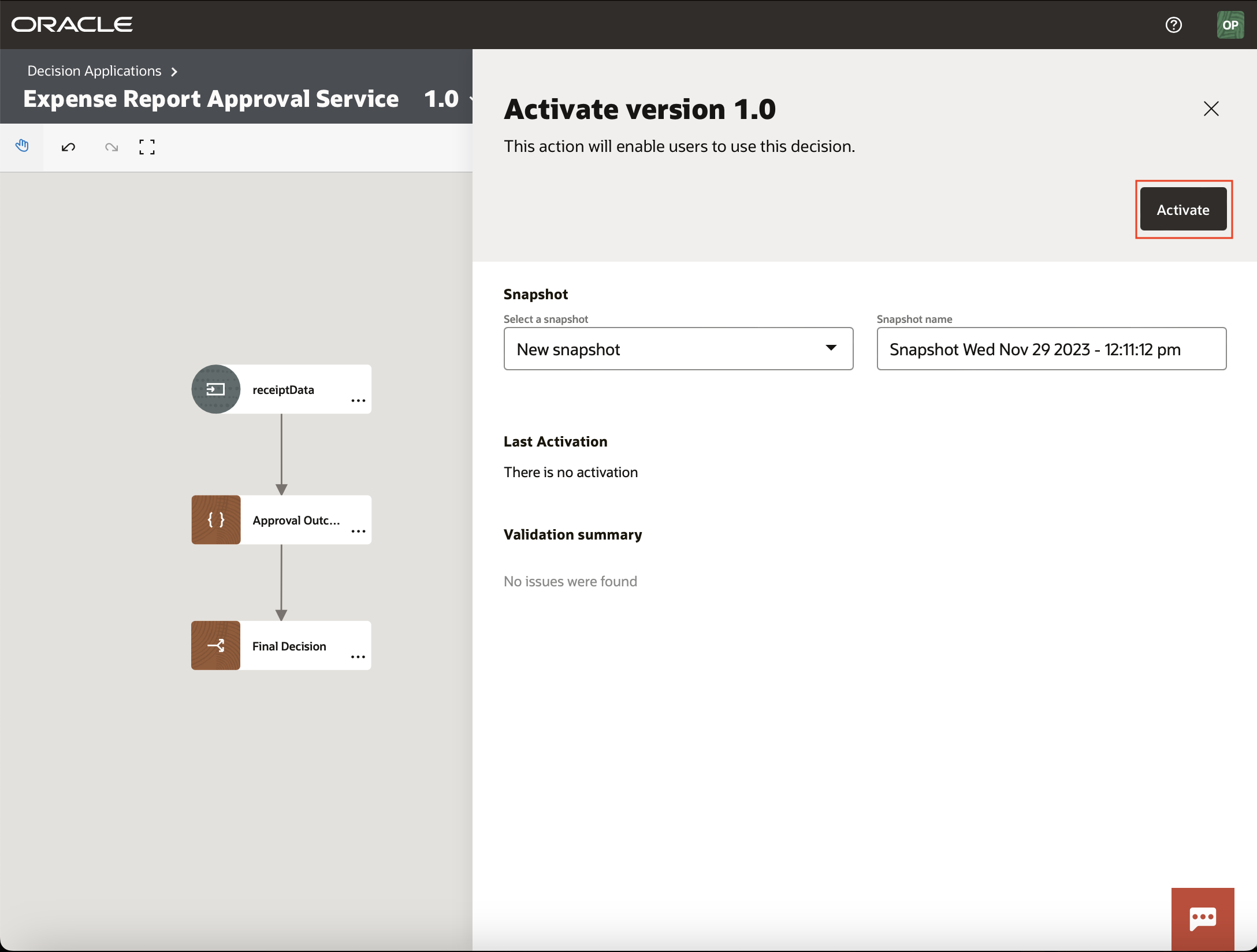 Activating a Decision Application