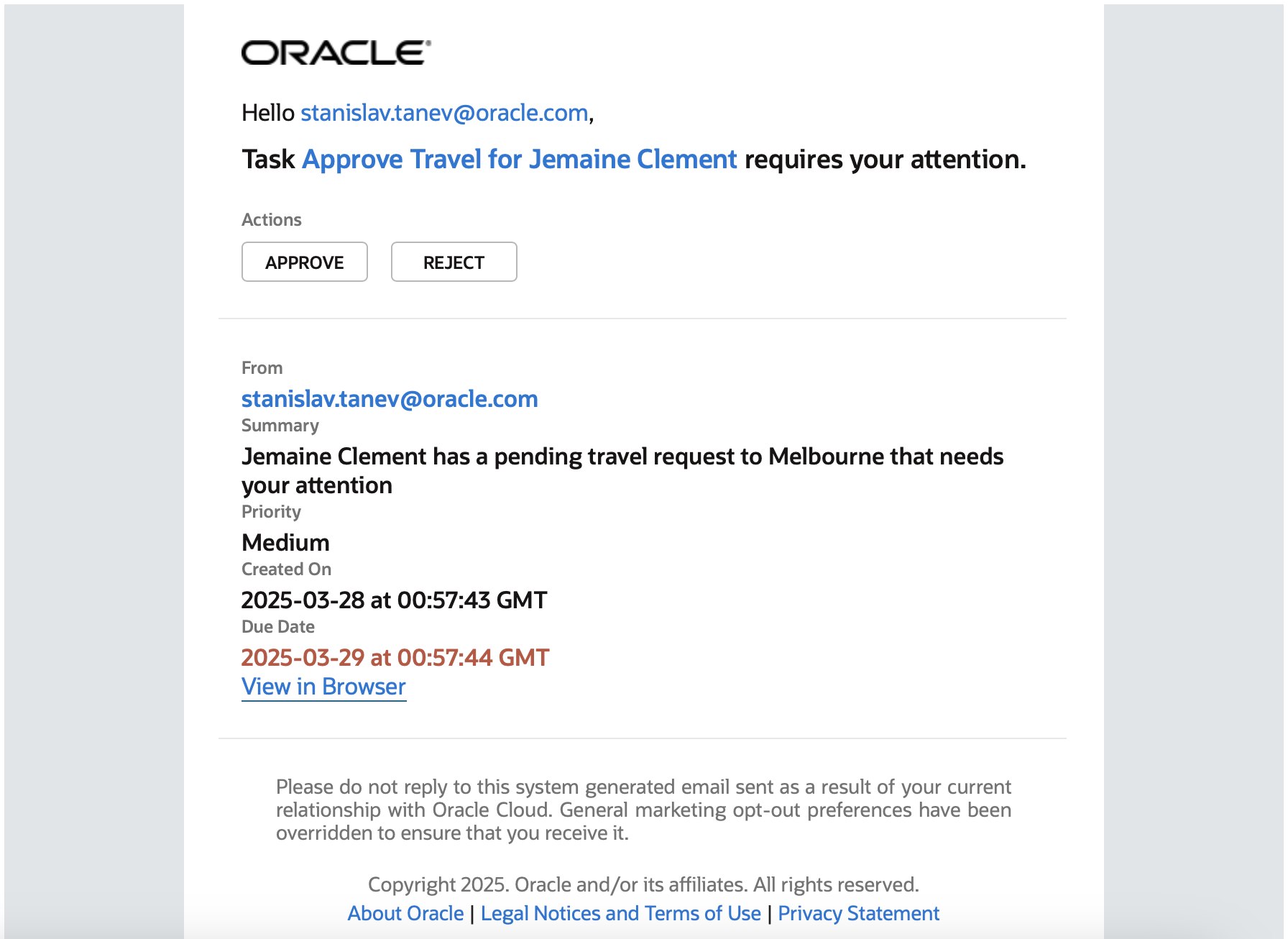 Above: An example of an email sent from Oracle Integration – Process requesting Approval 