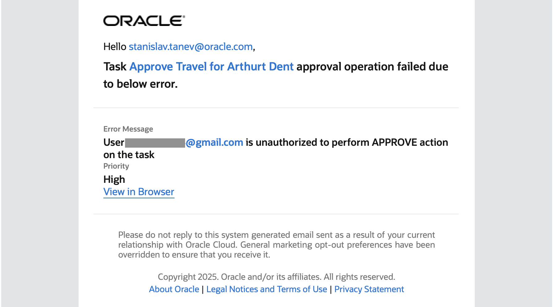 Above: Email sent by Oracle Integration – Process when unauthorised action is performed