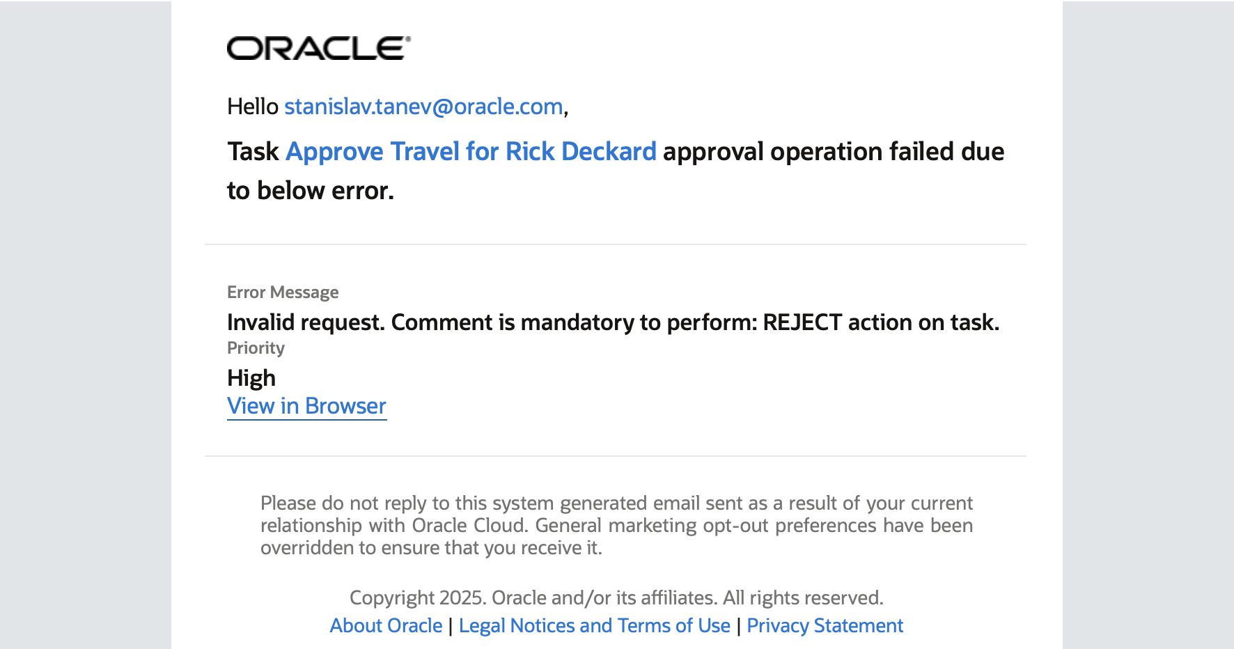 Email sent by Oracle Integration – Process when mandatory comment is not provided