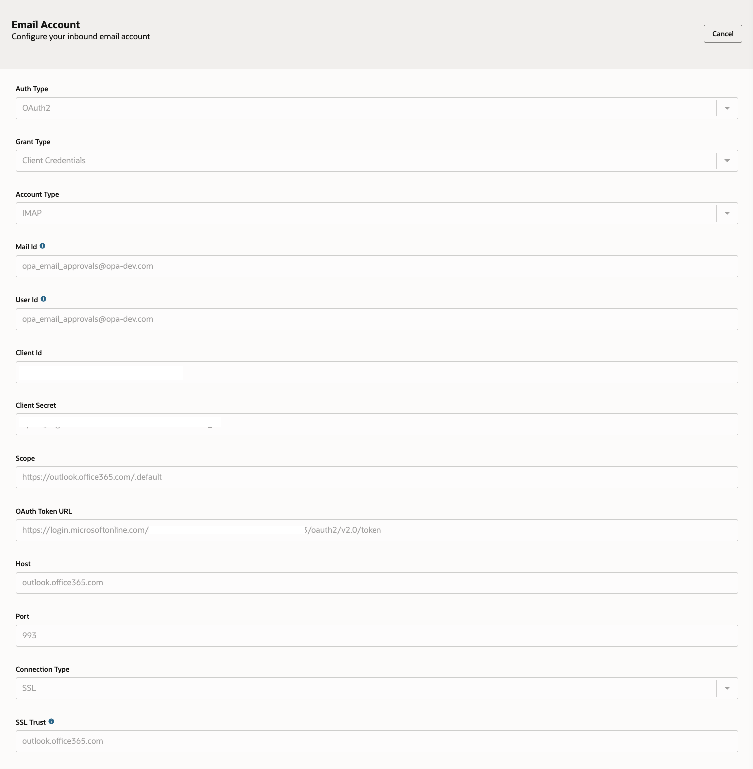 An example of Microsoft Exchange Online registration