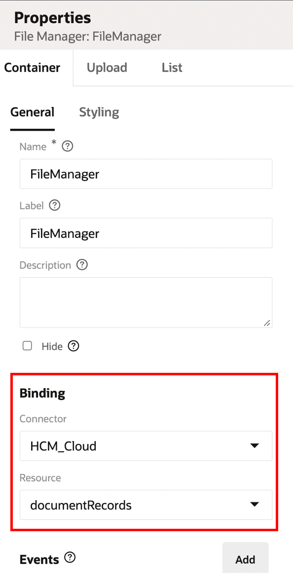 File Manager Properties - Container