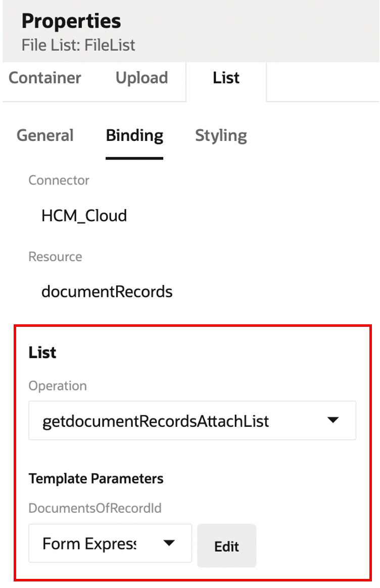 File Manager List Binding Properties