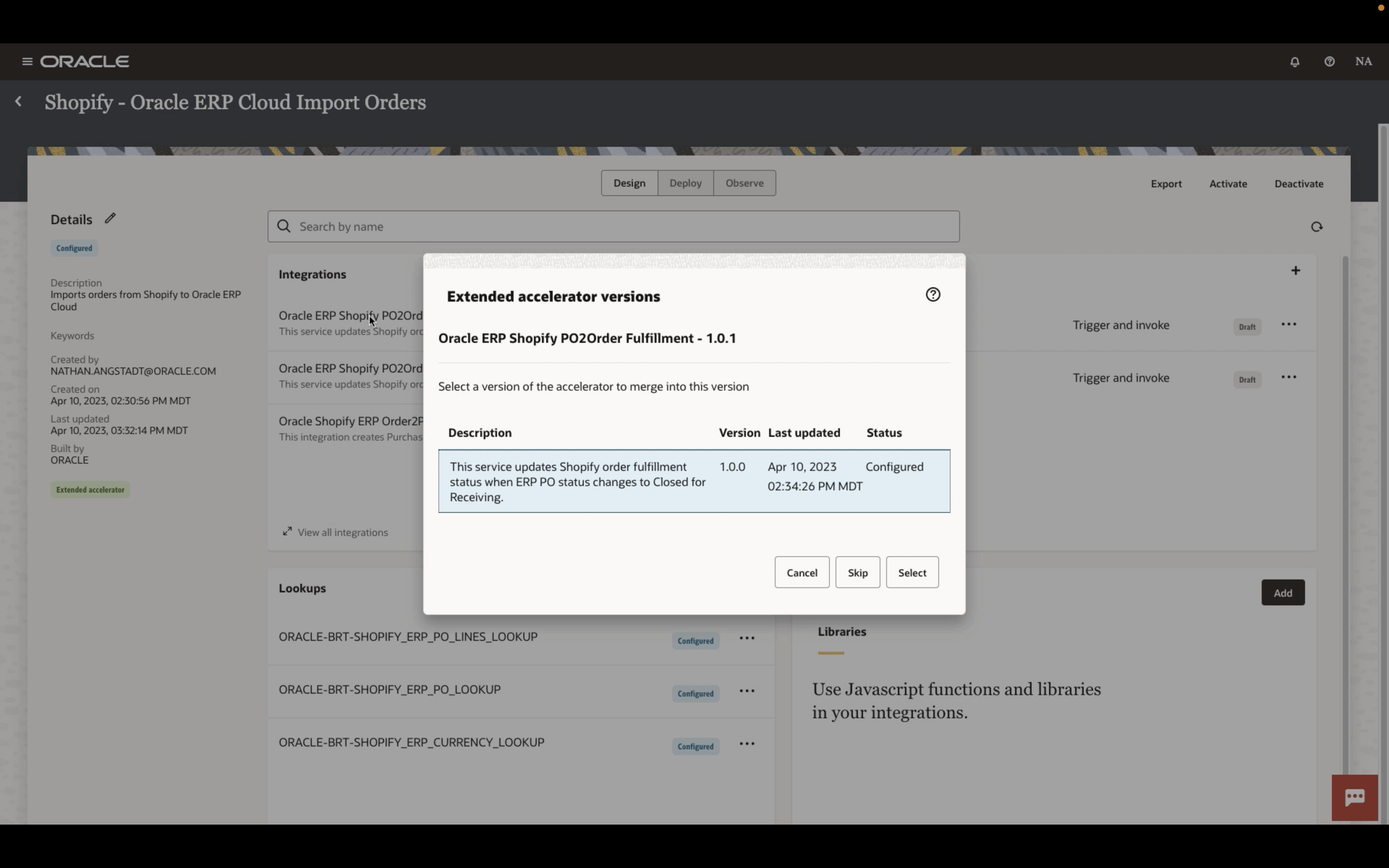 Projects page showing the extend accelerator versions window