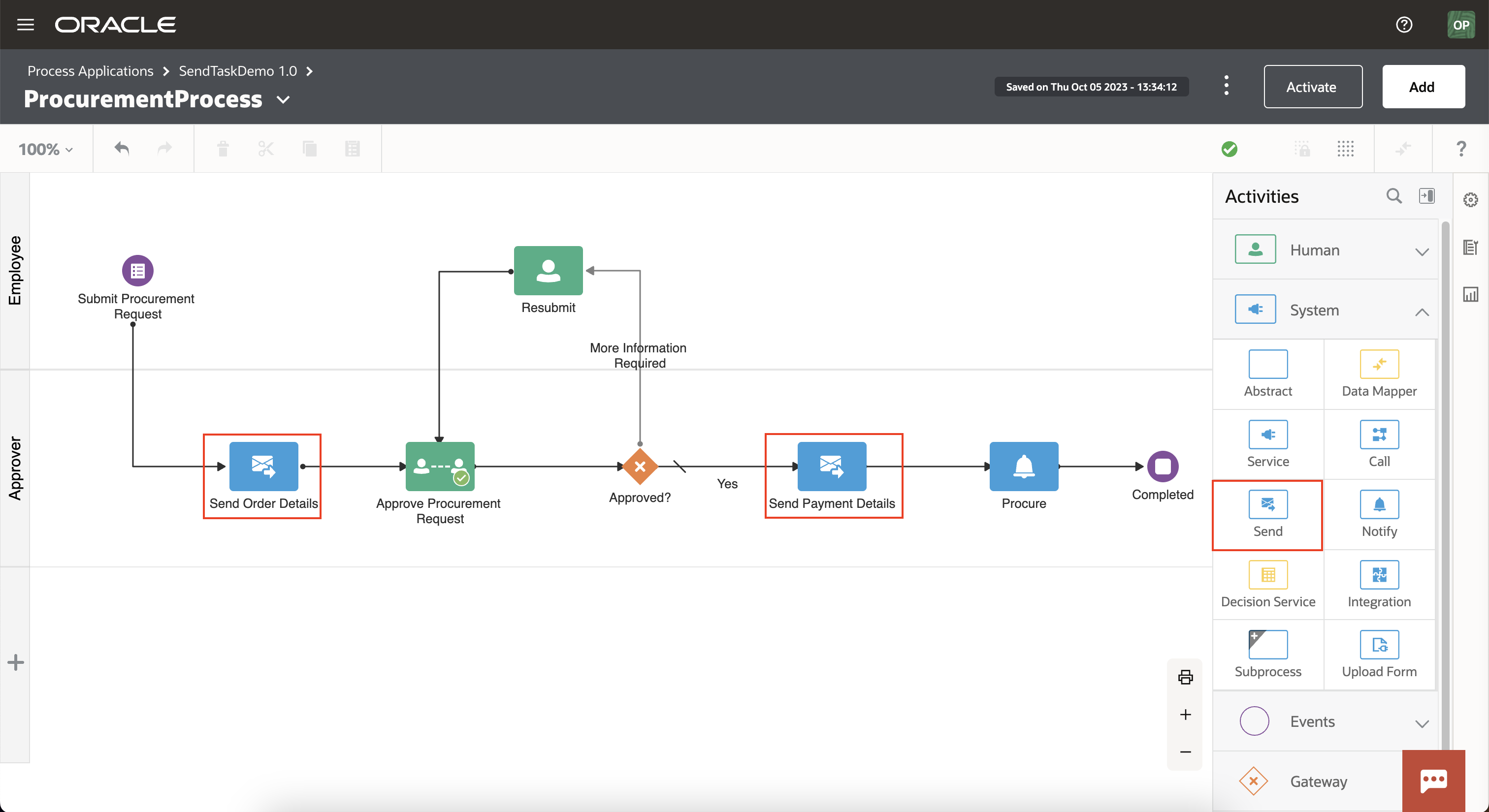 The newly introduced Send activity used in a process flow