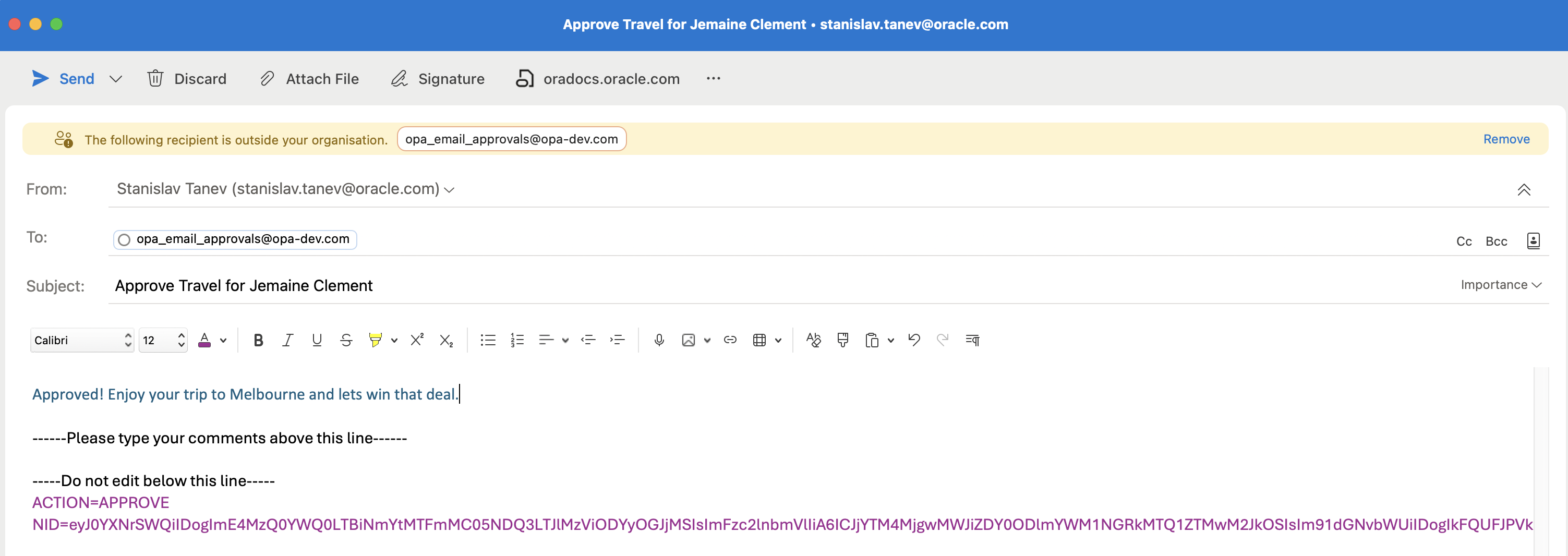 An example of an email sent from Oracle Integration – Process requesting Approval  