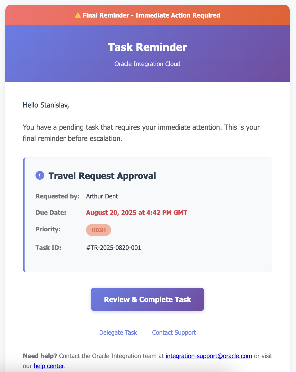 An example of a custom email template sent as part of the Task reminder event