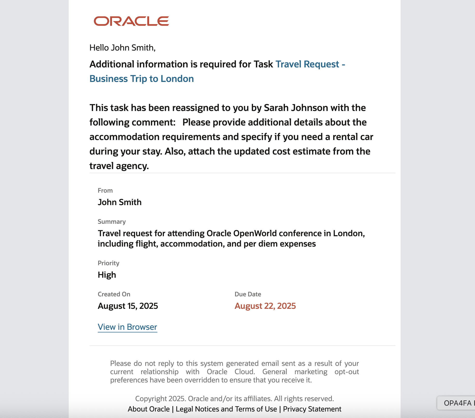 An example of the Oracle provided default template