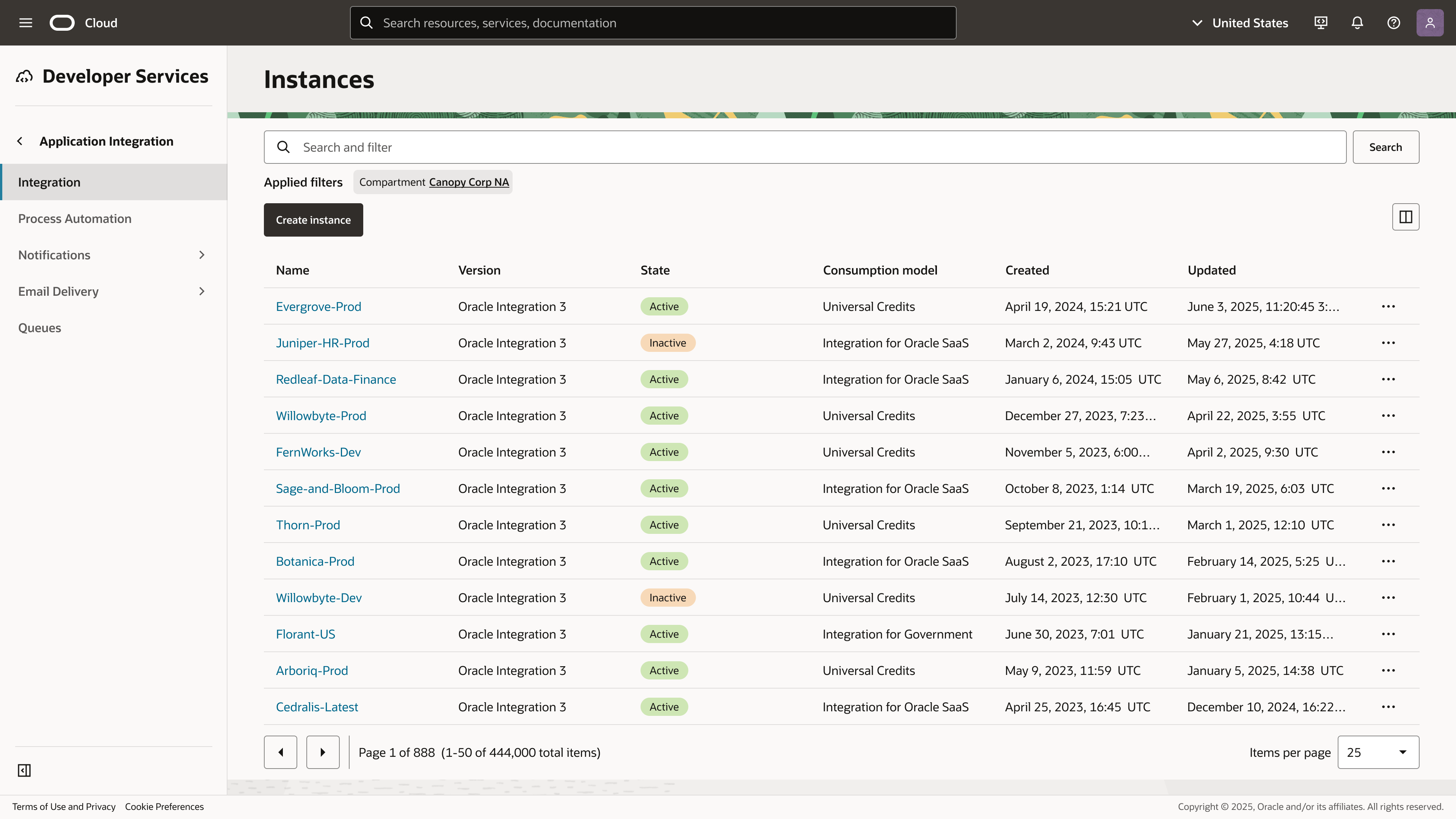 Oracle Integration list page in the OCI Console