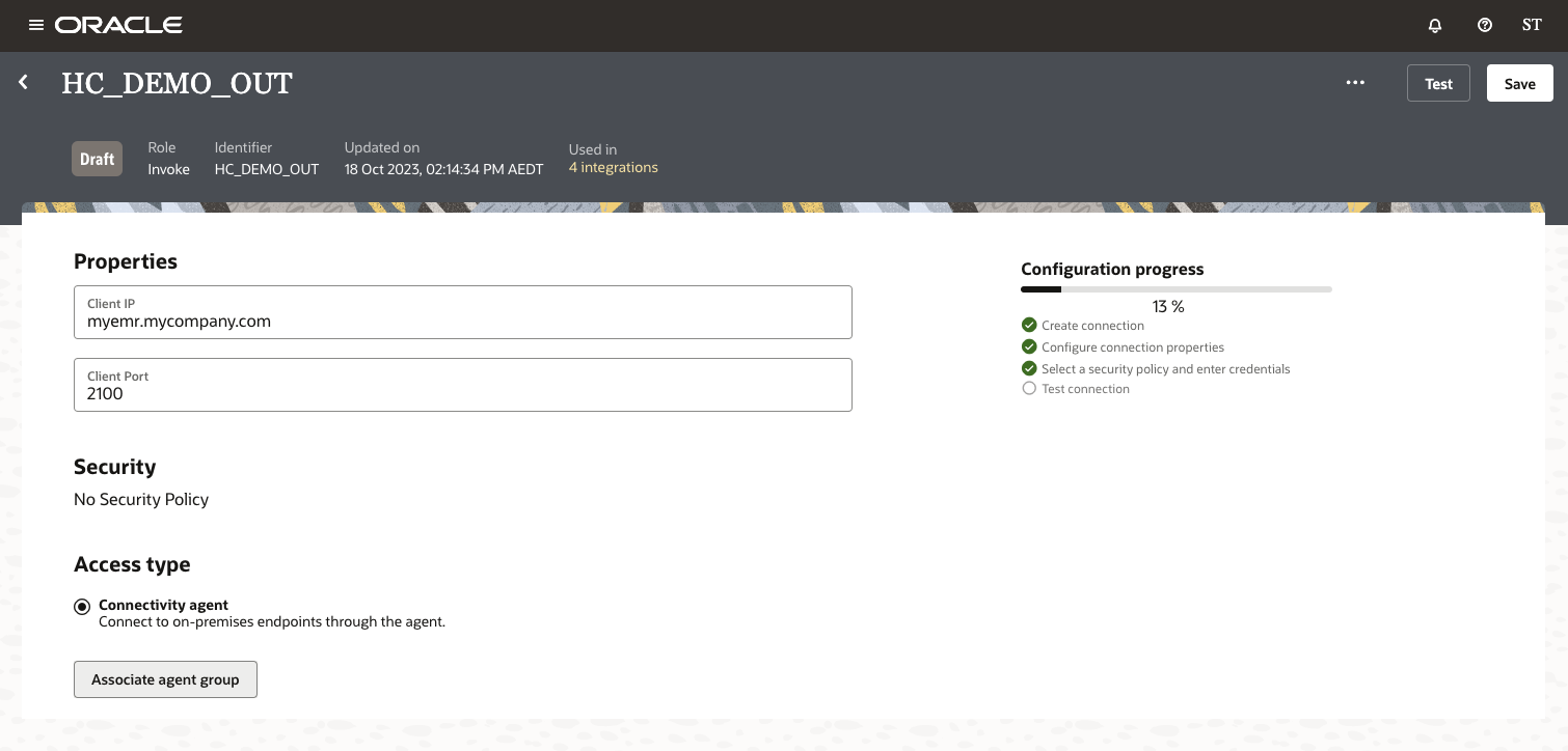 Select the host and port for the target external system.