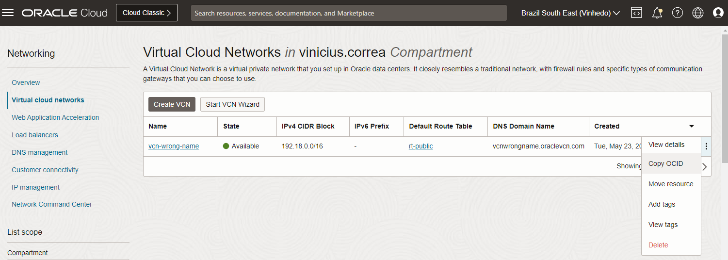 Imagem demonstrando onde está a opção Copy OCID