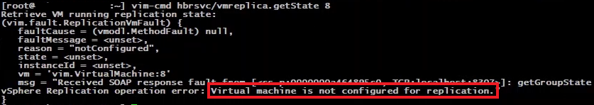 Execução do comando vim-cmd hbrsvc/vmreplica.getState sem job configurado