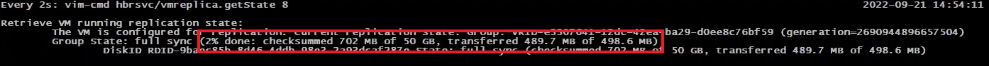 Execução do comando vim-cmd hbrsvc/vmreplica.getState base sync sendo executado