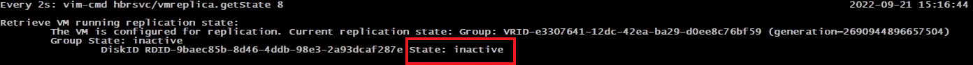 Execução do comando vim-cmd hbrsvc/vmreplica.getState réplica concluída