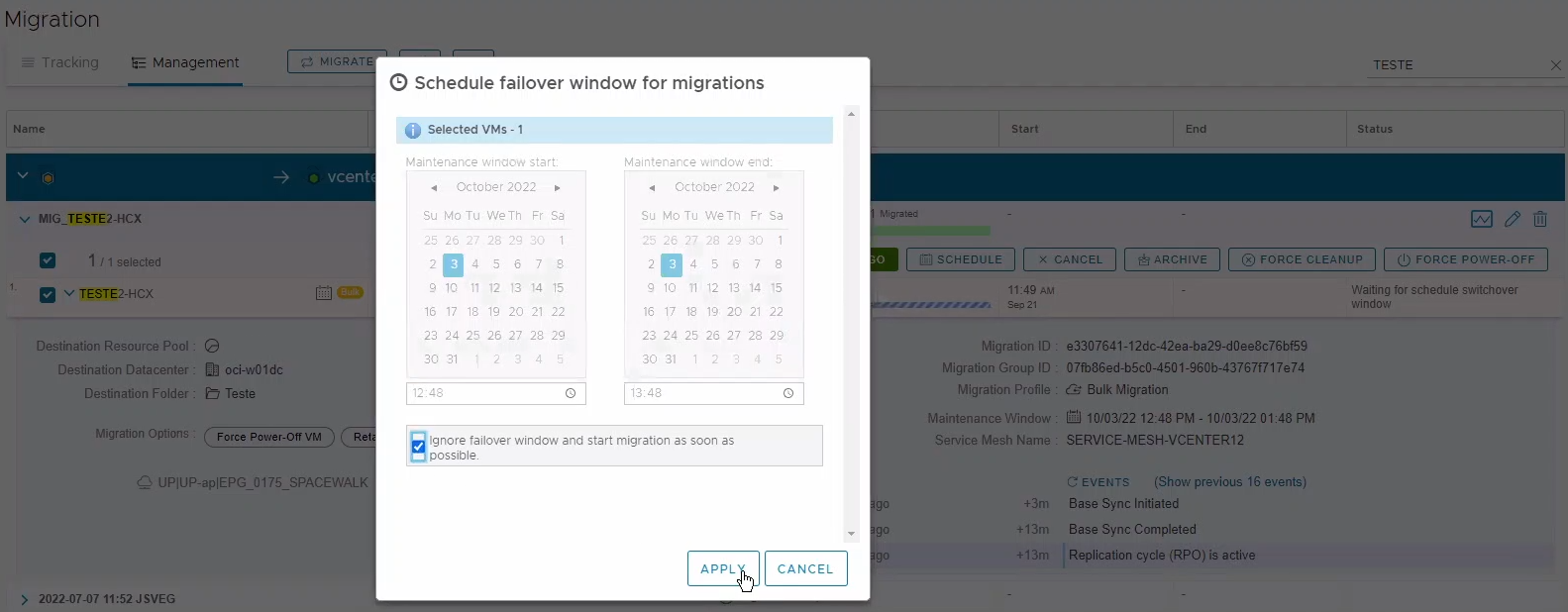 Janela com o calendário de migração com a flag "Ignore failover windows" marcada.
