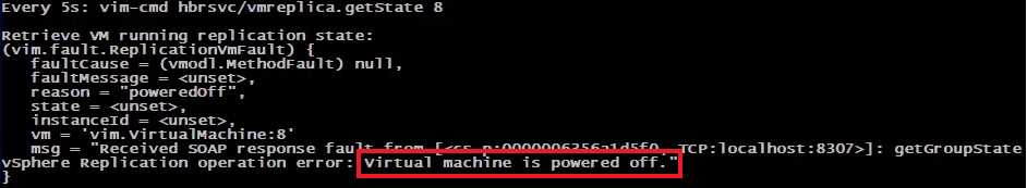 Execução do comando vim-cmd hbrsvc/vmreplica.getState VM desligada