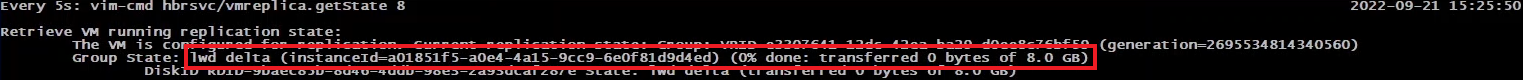 Execução do comando vim-cmd hbrsvc/vmreplica.getState delta sync sendo executado