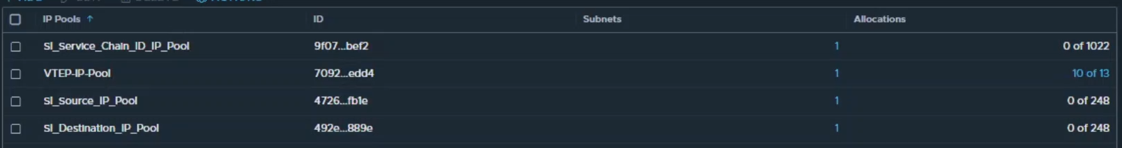 Imagem da console do NSX Manager mostrando a redução dos IPs usados em VTEP-IP-Pool