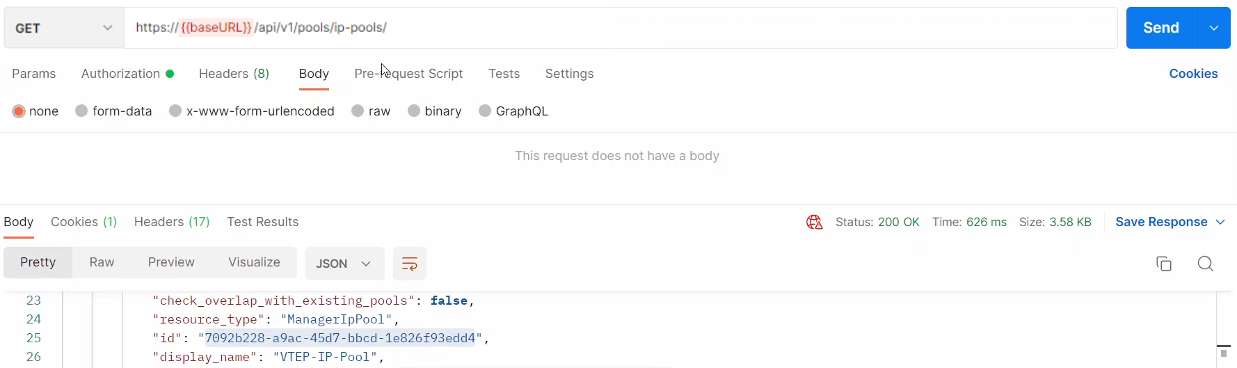 Postman com o comando GET para https://{{baseURL}}/api/v1/pools/ip-pools/