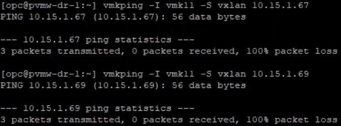 Execução do comando vmkping -I vmk11 -S vxlan 10.15.1.69