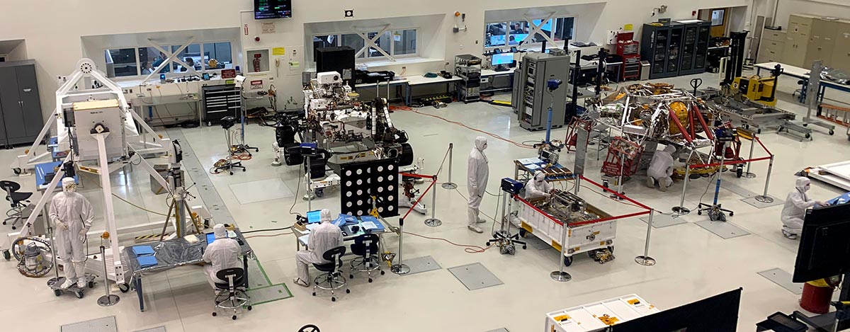 The Mars Rover Perseverance being assembled in the “clean room” at the Jet Propulsion Laboratory (JPL) in California