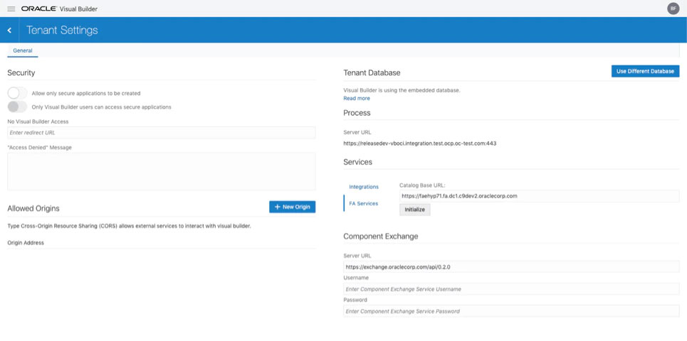 Tenant-level settings for Oracle Visual Builder are accessible to the administrator role.