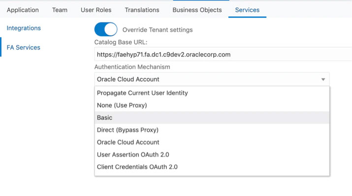 Override (or set) FA Services settings at the application level.