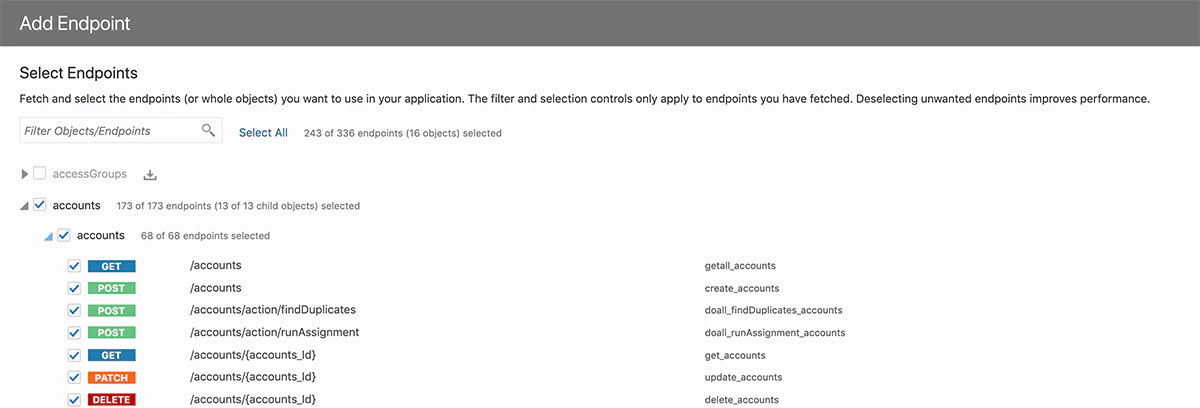 REST endpoints are shown for operations on the Accounts business object in Oracle Sales Cloud.