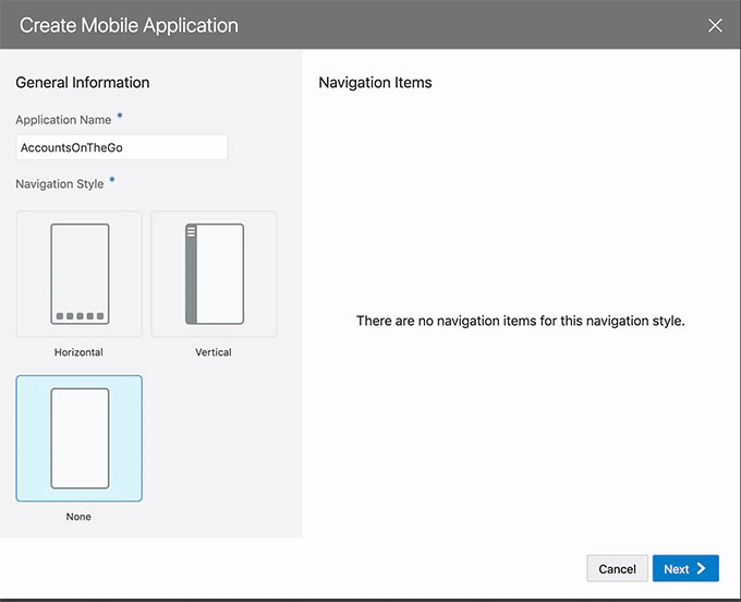 Select navigation and layout options for your mobile application.