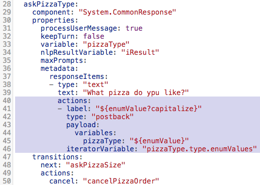 chatbots figure 2 Adding a list of actions to the pizza type prompt