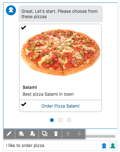 The modeled cards and menu toolbar in the Conversation Designer