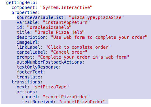 chatbots figure 5 GettingHelp configuration to launch Oracle Instant Apps