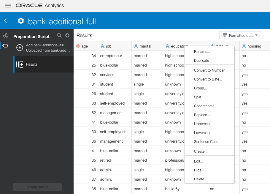 Data transformations list