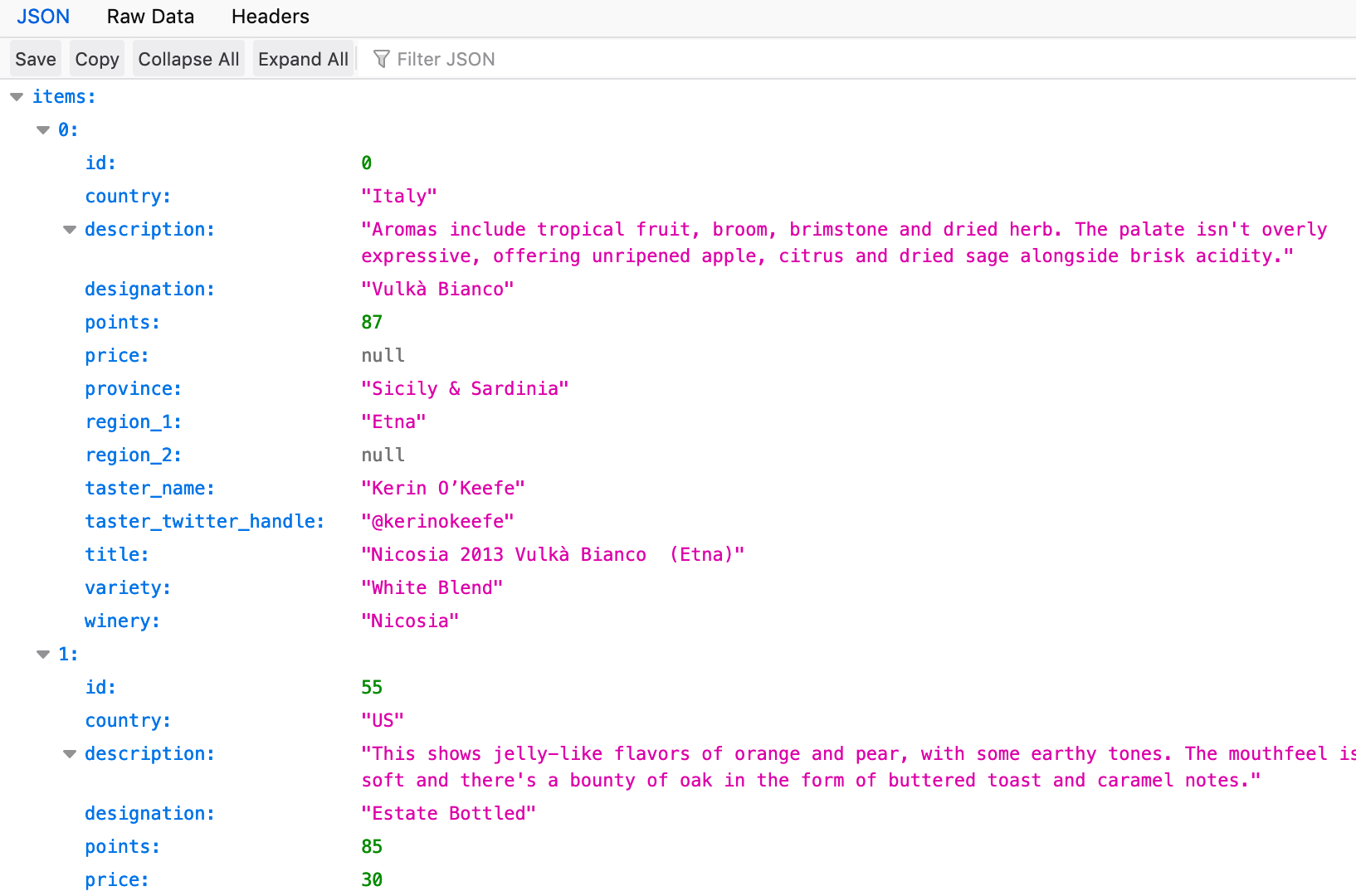 Results from Wine REST API