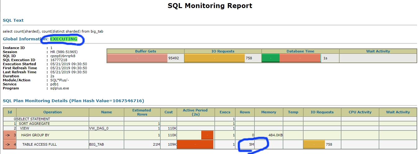 Real-Time SQL Monitoring report output for active SQL execution