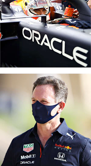 Max Verstappen behind the wheel (top) and Christian Horner (bottom)