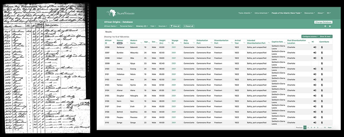 Image of original manifest document and it's current day database partner from an atlantic slave voyage