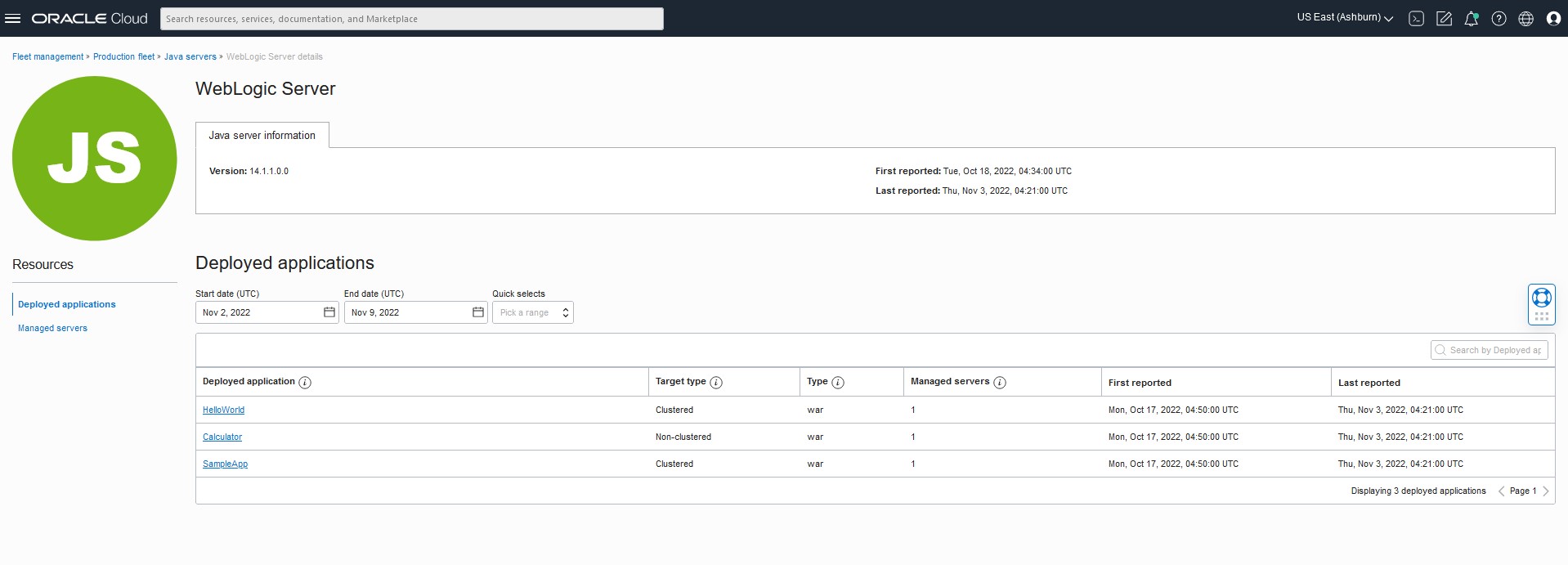 Details of Java server detected by JMS