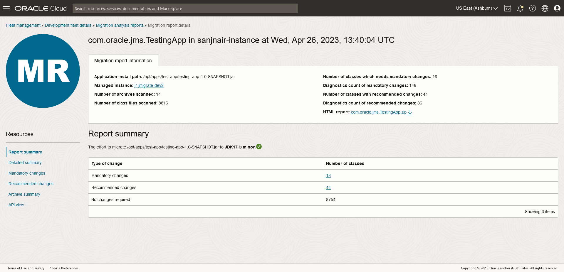 Results of Migration analysis run for an application in JMS
