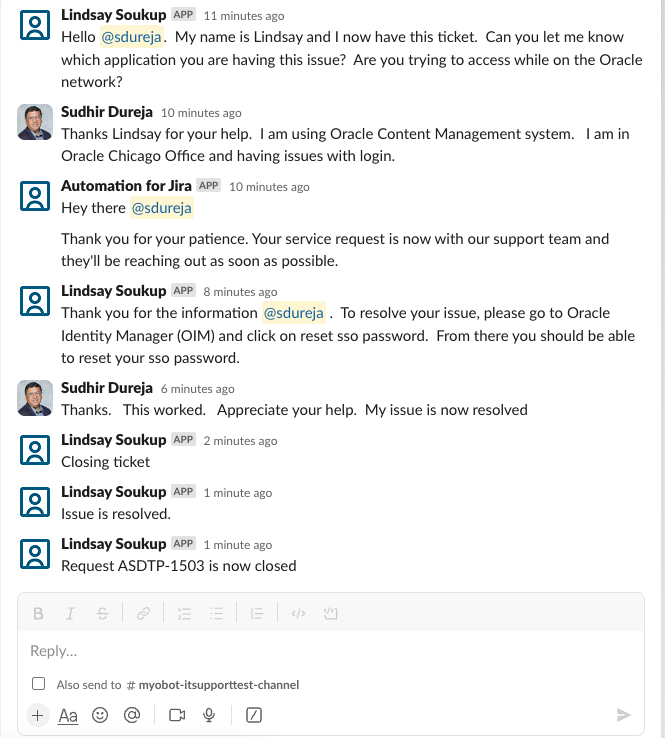 図2: Slackのスレッドで行われるサポートエンジニアと従業員のやり取り