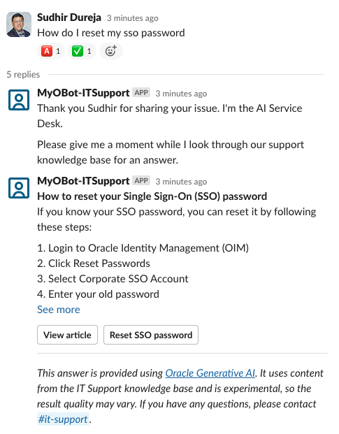 3. OCI Generative AIが、ナレッジベースをもとに生成した、ステップ・バイ・ステップの回答を返答します。