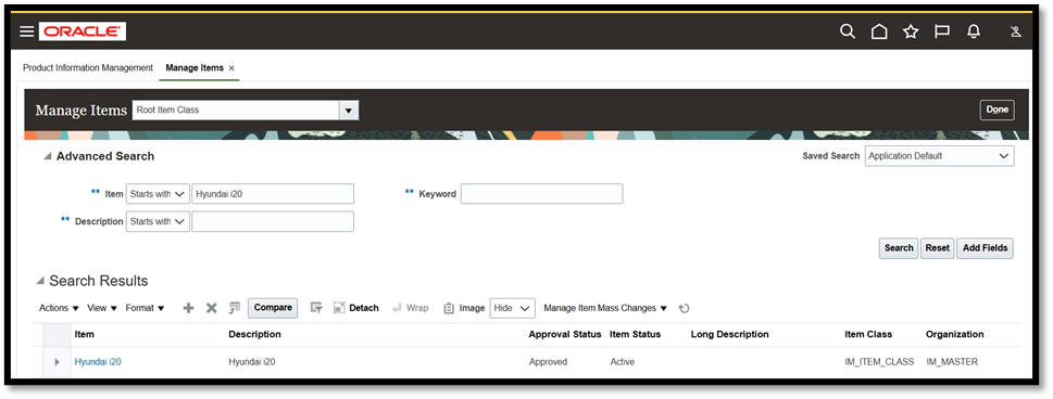 Manage Item Screen listing the example product.
