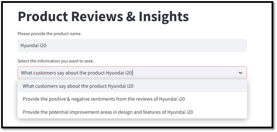 Product reviews and insights with user query option for the specific product.