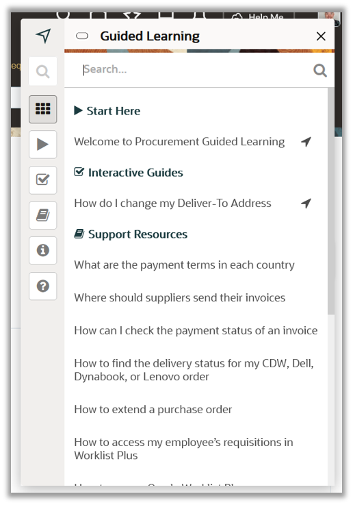Oracle Guided Learning widget menu