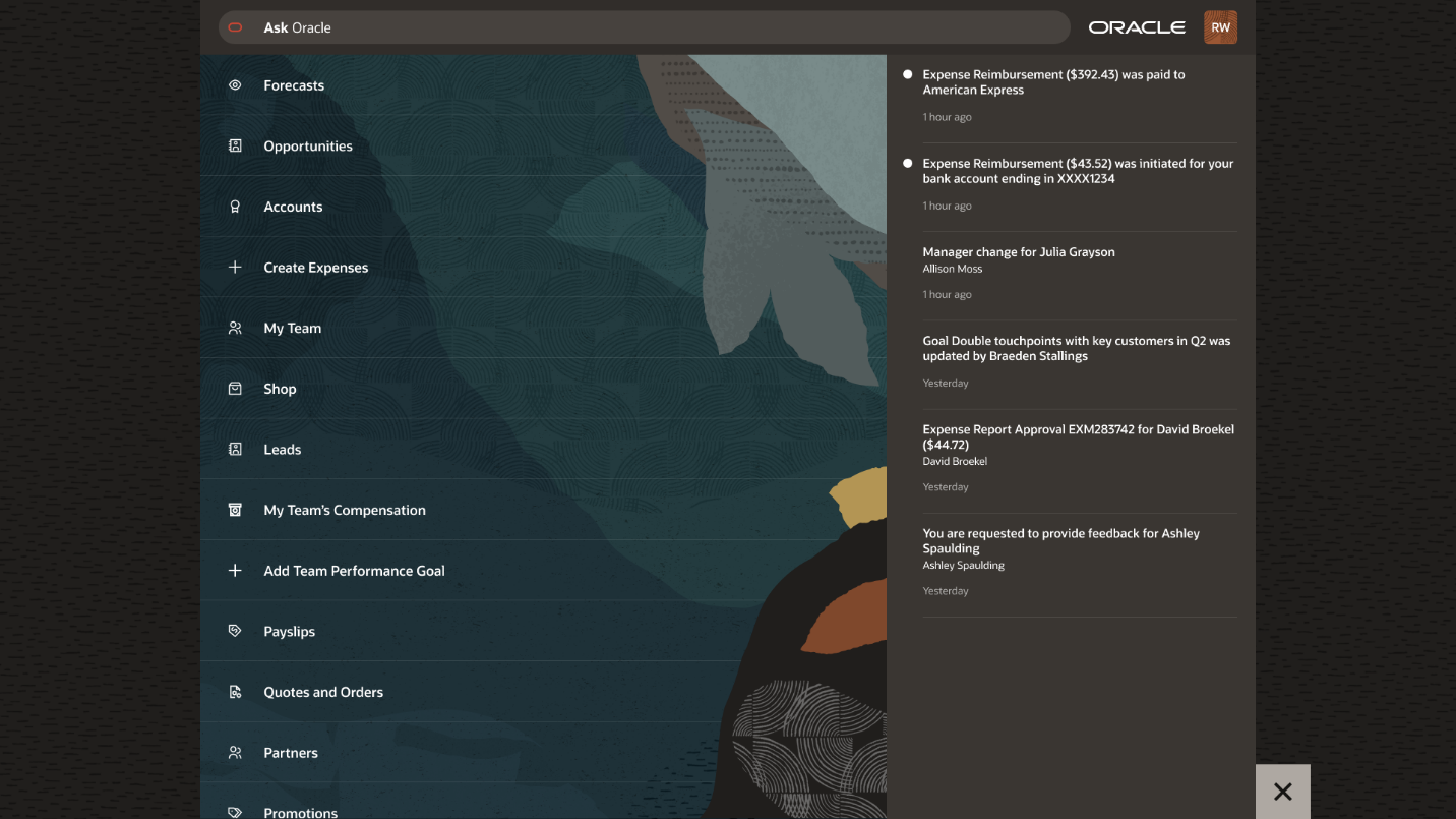 This image shows an example Ask Oracle page showing suggestions and a notifications panel, enlarge image.